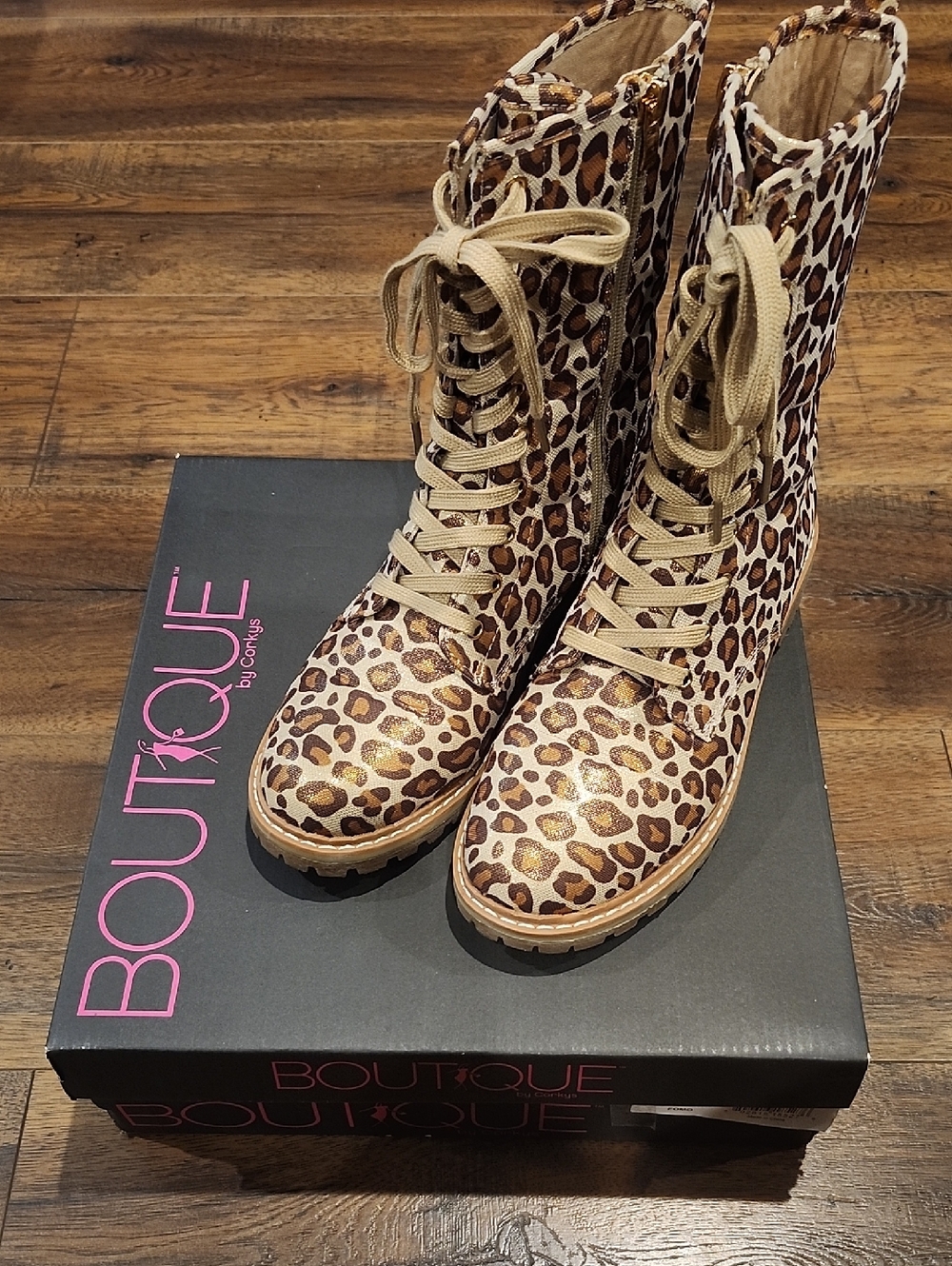 Leopard Print Lace-Up Combat Boots in Tan